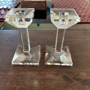 Oleg Cassini Crystal Candlestick Holder Set of 2 Geometric Design